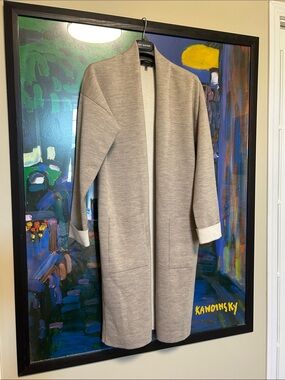 Theory Taupe and Cream wool Open Front Long Knit Cardigan